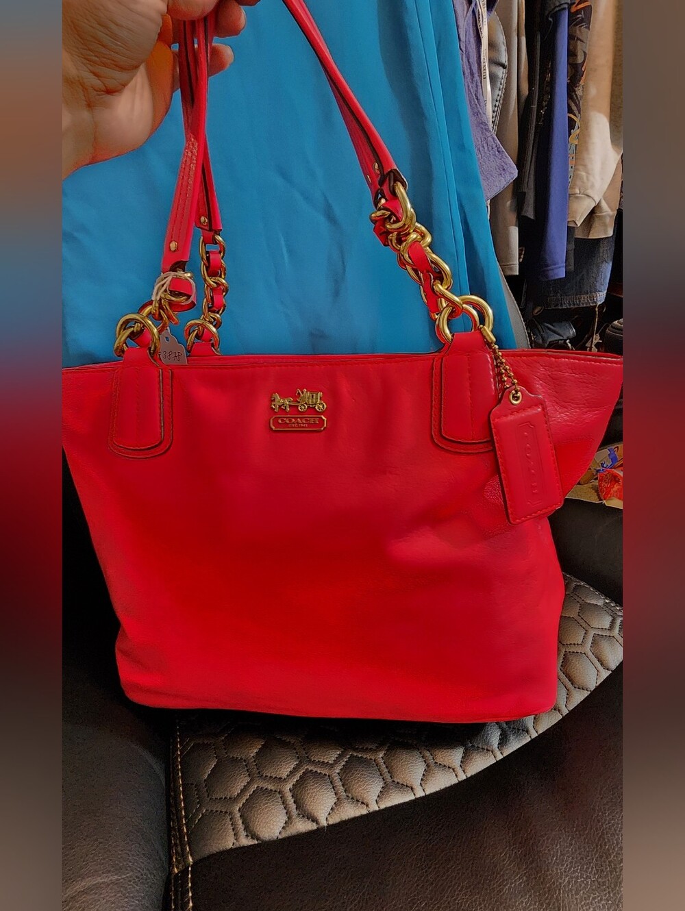 Coach Bright Red Leather Chain-Accent Tote